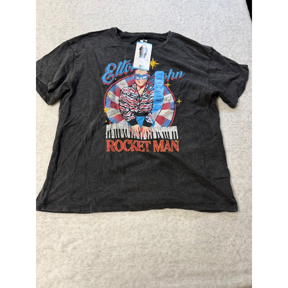 Elton John RocketMan Graphic Tee Mineral Wash Black Rhinestone Band Shirt Large
